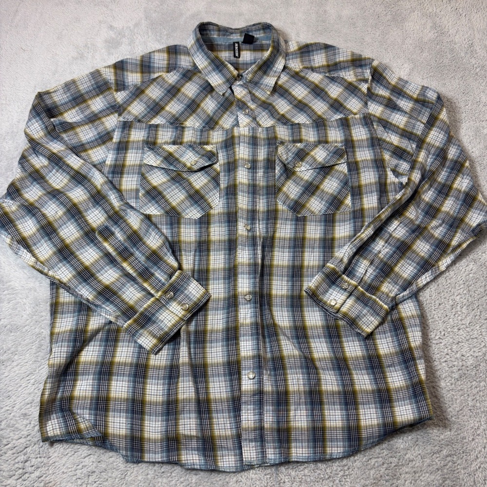Joe Boxer Plaid Button Down Shirt Mens Large Blue Yellow Long Sleeve Pockets 90s
